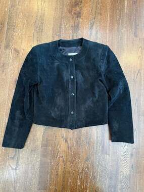 Vintage Aggies Georgette for Chordas Black Suede Leather Cropped Jacket Size 8